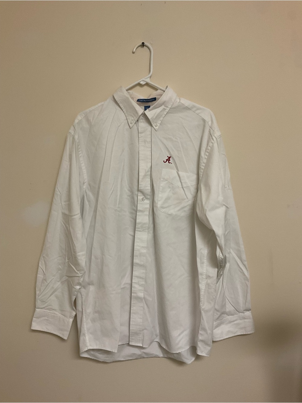 Classic White Button-Down Dress Shirt with Red 'A' Embroidery